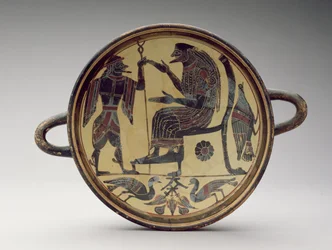 Lakonilainen kylix-kuppi, joka kuvaa Zeusta ja Hermestä, noin 550-530 eKr. (savi) (katso myös 288296 ja 288298)