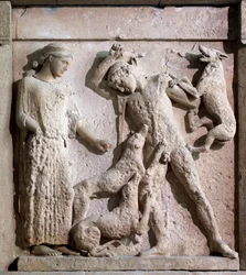 Magna graecia: metooppi Artemiksen ja Actaeonin kanssa, kivirelief, 5. vuosisadalla eKr.