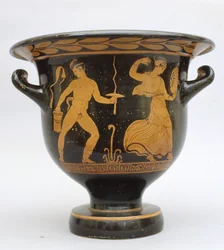 Kellomainen proto-apulialainen kratteri satyrilla ja maenadilla Materasta, Italiasta (keraaminen)