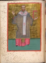 Egerton 2392, f.5v, kirjaa pitelevää seisovaa Johannes Khrysostomosta esittävä miniatyyri, vihkimysjumalanpalvelukset ja rukoukset sisältävästä Leitourgikonista
