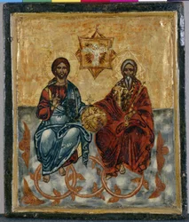 Kreetan ikoni, joka kuvaa Pyhää Kolminaisuutta (tempera puulla)