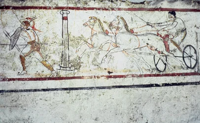 Lucanian fresko hautamaalaus, joka kuvaa gladiaattoria ja miestä vaunuissa, Paestum 350-330 eKr.