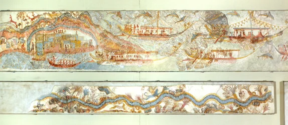 Meriretkiä ja jokimaisema, Akrotiri-fresco, Thera (nykyään Santorini), Kreikka, minolainen sivilisaatio
