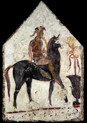 Maalattu laatta, niin kutsuttu musta ratsumies, Paestumista, Andriuolosta, haudasta 58