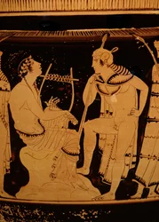 Orfeus traakialaisten joukossa, attikalainen punainen pylväsfiguuri Krater, n. 440 eaa. (keramiikka)(