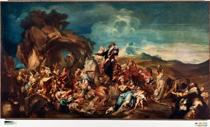Mooses iskee vettä kalliosta Gregorio De Ferrarin (1647-1726) maalaus Geenit, uudet katumuseot