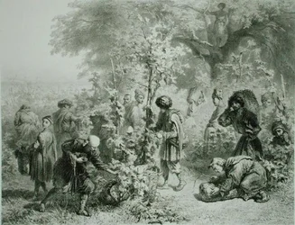 Rypäleen sato Kakhetiessa, Georgiassa, levy 30 Kaukasusta käsittelevästä kirjasta, kaiverrettu Eugene Le Roux (1807-63), julkaisija Alfred Leon Lemercier, Pariisi
