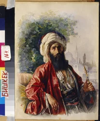 Emiiri. Muotokuva muslimien uskonnollisesta johtajasta, polttaa narguilea, moskeijan edessä sissisodan ja Venäjän valtakuntaa vastaan ​​käydyn vastarinnan aikana Pohjois-Kaukasiassa 1800-luvun puolivälissä. Grigori Grigorievich Gagarin (Gagarin) teos (1810
