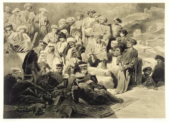 Military Meal in the Ruins at Sioukh, Dagestan, levy 69 Kaukasusta käsittelevästä kirjasta, kaiverrus Celestin Francois Nanteuil (1813-73), julkaisija Alfred Leon Lemercier, Pariisi, 1847