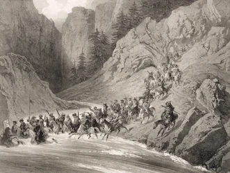 Tšerkessejä ryöstöretkellä Mustanmeren lähellä, taulu 4 Kaukasusta käsittelevästä kirjasta, kaivertaneet Eugène Cicéri (1813-90) ja Adolphe Jean-Baptiste Bayot (1810-66), julkaissut Alfred Léon Lemercier, Pariisi