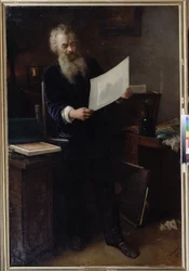 ""Ensimmäinen vaikutelma"" (Ensimmäinen vaikutelma). Taiteilija Ivan Ivanovich Shishkin (Ivan Ivanovitch Shishkin) (1832-1898) muotokuva katselemassa yhtä hänen juuri tekemäään töitään. Grigori (Grigori, Grigory) maalaus Grigorjevitš Myasojedov (