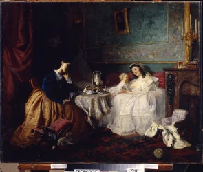 Toinen onni (The Other Luck). Kohtaus perhe-elämästä, suhteiden ja äidinrakkauden kuvaus. Grigori (Grigoriy, Grigory) Grigorjevitš Myasojedovin (Myasoedov, Miasoedov) maalaus (1834-1911), öljy kankaalle