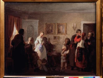 Onnittelut tuoreelle pariskunnalle kartanossa. (Onnittelut vastikään naimisissa olevalle pariskunnalle kartanossa). Grigori (Grigoriy, Grigory) Grigorjevitš Myasojedovin (Myasoedov, Miasoedov) maalaus (1834-1911), öljy kankaalle