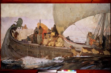 Minolaisten matka. Lähde purjehtimaan Kreetalta. Ivan Grigorjevitš Myasojedovin (Miasojedov, Miasojedov) maalaus (1881-1953), öljy kankaalle