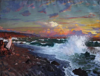 Auringonlasku. Merenranta, 1900-luvun alku.