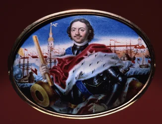 Keisari Pietari I Suuren (1672-1725) muotokuva, josta on näkymä Pietarin ja Pyhän Paavalin linnoitukselle Pietarissa. (Keisari Pietari I:n muotokuva näköalalla Pietarin ja Paavalin linnoitukselle Pietarissa). Taideteos Grigori Semjonovich Mu