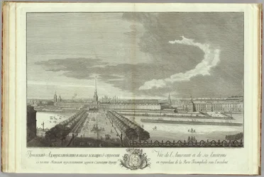 Nevski Prospekt Admiralty-näkymillä Kirja Pietarin perustamisen 50-vuotisjuhlaan, 1753