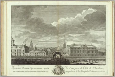 Nevski Prospekt Stroganov-palatsikirjan kanssa Pietarin perustamisen 50-vuotispäivänä 1753