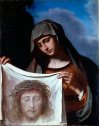 Pyhä Veronica. Pyhä verho edustaa Kristuksen kasvoja, jonka hien Veroniquen sanottiin hikoilevan Golgatalle kiipeämisen aikana. Giovanni Francesco Barbierin maalaus Guerchin dit Il Guercino (1591-1666) 1600-luvun geenit, kokoelma Banca Ca