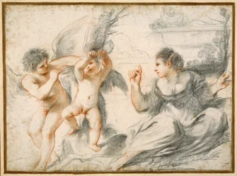 Venus renya Cupido, mentre un Cupido gran el lliga a un arbre (guixos negres i vermells sobre paper) finlandès