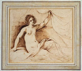 Makaava alaston nainen nostamassa verhoa