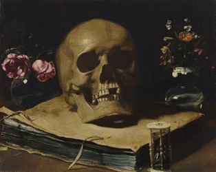 Guercino - Vanitas-tyylinen asetelma, jossa on pääkallo kirjan päällä, tiimalasi ja kaksi lasista kukkamaljakkoa.