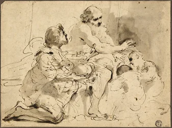 Tutkimus Jaakobille Joosefin poikien siunaaminen (recto); Luonnokset: Saint Christopher; Kaksi hahmoa keskustelussa rahasta (käänteinen)