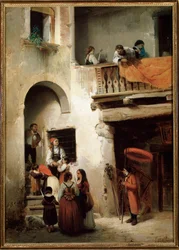 Äärimmäinen univa, perhe odottaa kuolevaisen miehen talon ulkopuolella Guglielmo Castoldin (1823-1882) maalaus 1858 Koko 89x64 cm Genes, Galleria d