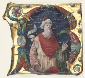 Alkukappale R kuorokirjasta kuningas Daavidin kanssa, n. 1470-1480.
