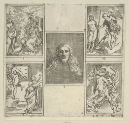 Viisi numeroitua kohtausta, jokainen Accademia Degli Incamminatin taidemaalarin mukaan elokuvasta IL FUME..., 1603.