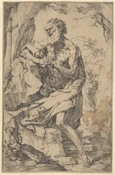 Pyhä Hieronymus polvillaan kalliolla ristin edessä ja avoin kirja vasemmalle,..., n. 1600-1640.