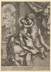 Neitsyt istuu Kristuslapsi sylissään syleilemässä häntä, Joosef näki..., n. 1600-1613.