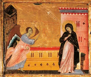 Ilmoitus, yksityiskohta Pyhän Pietarin Antependiumista, Guido da Sienan (noin 1250-1300), tempera ja kulta puulla