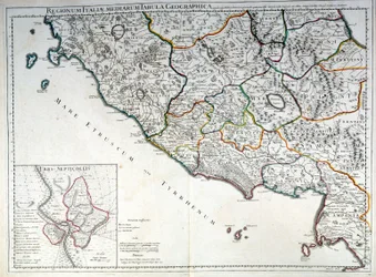 Historiallinen kartta Italian alueesta, jossa etruskit asuivat G. Delyslen atlasin jälkeen