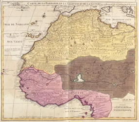 Barbarian (Marokko, Algeria, Tunisia, Libya), Nigrituden (Mali, Burkina Faso, Niger) ja Guinean (Senegal, Guinea, Sierra Leone, Liberia, Norsunluurannikko, Ghana, Togo, Benin, Nigeria) kartta