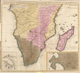 Meridional-Afrikan kartta (Angola, Namibia, Sambia, Zimbabwe, Mosambik, Etelä-Afrikka) Madagaskarin saarella (etsaus)