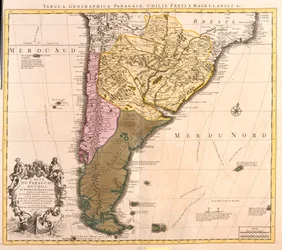 Paraguayn, Chilen ja Magellanin alueen (Argentiina) kartta (etsaus