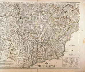 Etelä-Piemonten alue, Monferrato ja Länsi-Ligurian alue. Kartta Guillaume de l