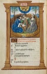 Painettu tuntikirja Rooman käyttö: fol. 5v, huhtikuun kalenterikuva, 1510.