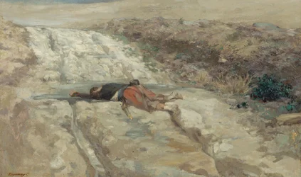 Kohtaus vuoden 1870 sodasta: kuollut sotilas taistelukentällä, n. 1870 (öljy kankaalle)