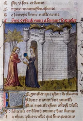 Mahtava kohtaus kahden rakastajan välillä: tyttö kutsuu rakastajansa sisään. Miniatyyri Guillaume de Lorrisin teoksesta "Le Romanesque de la Rose".