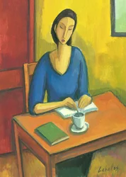 Tyttö kirjojen ja kahvin kanssa, 2010 (guassia paperille)