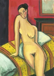 Alaston nojaamassa sänkyyn, 2010 (guassi paperille)