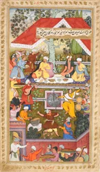 Humayunin syntymän kunniaksi järjestetyt juhlallisuudet Kabulin Chahar Baghissa (Sur Gujarati), noin 1590 (peittävä akvarelli).