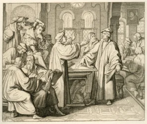 Luther ja Ulrich Zwingli (1494-1531) keskustelevat sakramentista, mutta heillä ei ole sopimusta, Marburgissa 1529