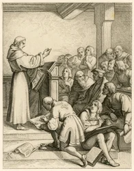 Martin Luther pitää luentoja Wittenbergin yliopistossa, hänen edessään varakansleri tohtori Pollich ja hänen isäystävänsä Johann von Staupitz (1460-1524)