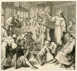 Martin Luther keskustelee Dr. Johannes Eck (Johann Maier von Eck) (1486-1543), Lutherin puolella Philipp Melanchthon (1497-1560) ja Karlstadt (Andreas Rudolf Bodenstein von Karlstadt