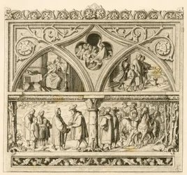 Martti Lutherin matka kreivi Mansfeldille (Mansfeld-Vorderortin Hoyer VI (1477-1540) ; kuva ylhäällä vasemmalla : surullinen Katharina , keskellä : raivoisa Saale-joki , oikealla : Luther yhdessä poikiensa kanssa Kuva alas : Luther ja kreivi