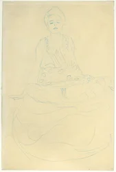 Istuu puolialastona edestä, n. 1907 (kynä paperille)