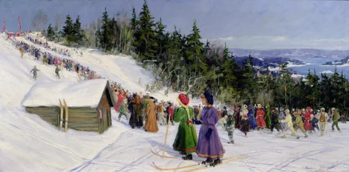 Hiihtokilpailu Fjelkenbakkenissa (öljy kankaalle)